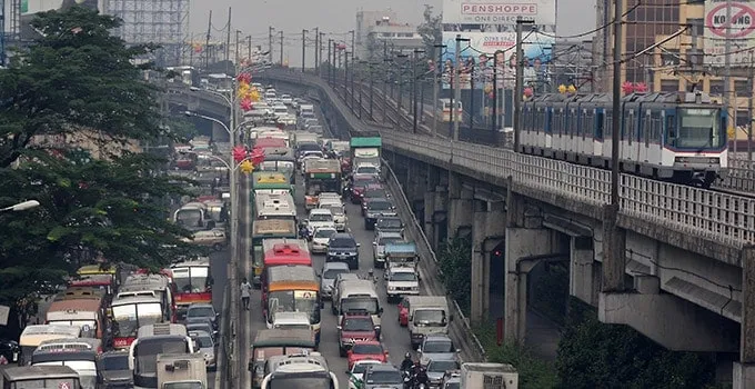 Heavy traffic jam on a Manila road